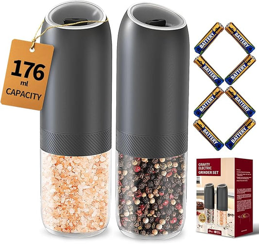 CIRCLE JOY Gravity Electric Salt and Pepper Grinder Set, Battery Powered Automatic Pepper Mills with Adjustable Coarseness, One Hand Operation, 176ml Large Container, Black - Includes 8 Batteries by CIRCLEJOY