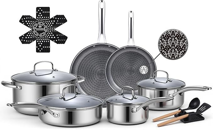 Ammeloo 17 Pcs Nonstick Stainless Steel Cookware Set, Hybrid Stainless Steel Pots and Pans Set Non Stick, Non Toxic Kitchen Cookware Sets, Dishwasher & Oven Safe, Induction & All Cooktop Compatible by Unknown