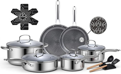 Ammeloo 17 Pcs Nonstick Stainless Steel Cookware Set, Hybrid Stainless Steel Pots and Pans Set Non Stick, Non Toxic Kitchen Cookware Sets, Dishwasher & Oven Safe, Induction & All Cooktop Compatible by Unknown