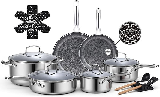 Ammeloo 17 Pcs Nonstick Stainless Steel Cookware Set, Hybrid Stainless Steel Pots and Pans Set Non Stick, Non Toxic Kitchen Cookware Sets, Dishwasher & Oven Safe, Induction & All Cooktop Compatible by Unknown