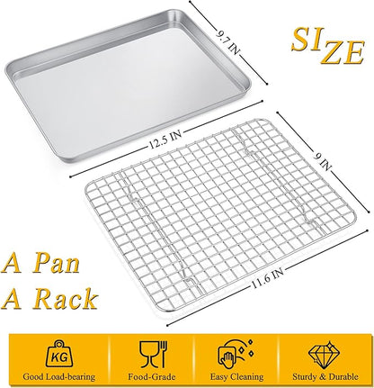 P&P CHEF 12.5 Inch Toaster Oven Pan with Rack Set, Stainless Steel Baking Pan Tray and Grid Cooling Rack for Cooking/Roasting, Dishwasher Safe & Easy to Clean, Non-toxic & Sturdy, (2Pcs)