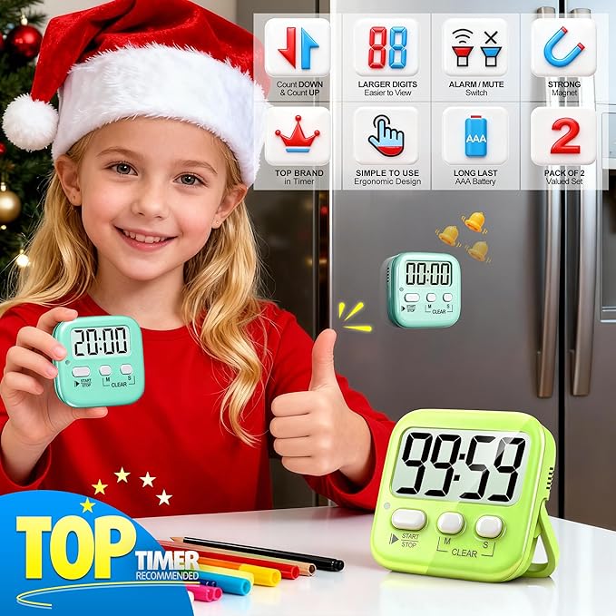Antonki 2 Pack Digital Timer for Kids, Magnetic Countdown Kitchen Timers for Cooking, Egg, Classroom, Teacher, Exercise, Study, Oven - Battery Included - Image 3
