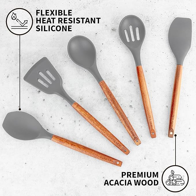 Zulay Kitchen Utensils Set Non-Stick Silicone Cooking Utensils Set with Authentic Acacia Wood Handles - 5 Piece Silicone Utensil Set - Kitchen Utensils Set with 464°F Heat Resistance - Gray - Image 2