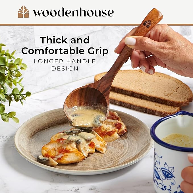 Wooden Ladle for Soup, 3 Size Teak Wood Ladle Spoon with Back Hooks for Pot & Bowl, Non-Stick Wooden Spoon Set for Cooking, Serving and Stirring - Image 7