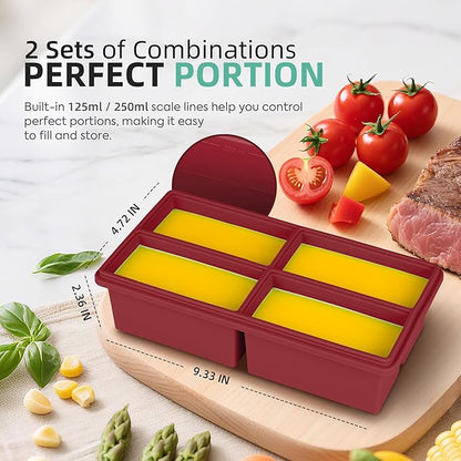 Silicone Freezer Trays with Lids -1 cup soup freezer container large ice cube molds with Reinforced Steel Ring Top, Perfect for Freezing Broth, Rice, Individual Portions, Meal Prepping and More 2-Pack