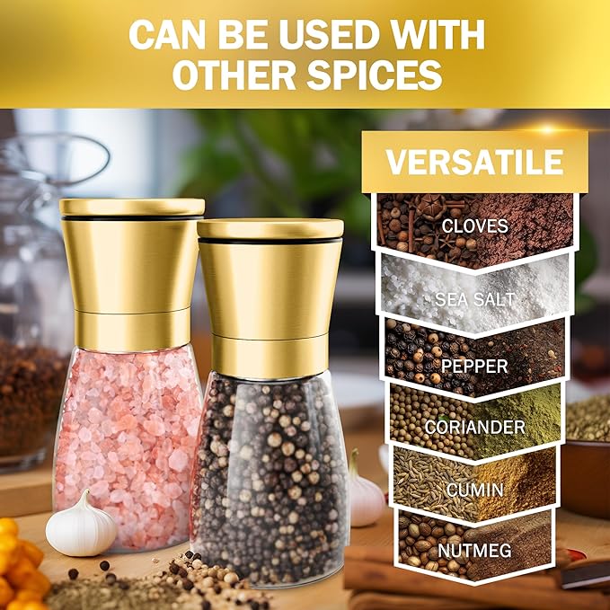 Home EC Original Gold Salt and Pepper Grinder Set of 2 - Adjustable Ceramic Grinder - Glass Salt and Pepper Shakers With Funnel and Ebook - Kitchen Spice Mill - Gold Kitchen Accessories - Image 5