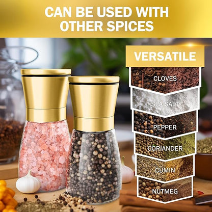 Home EC Original Gold Salt and Pepper Grinder Set of 2 - Adjustable Ceramic Grinder - Glass Salt and Pepper Shakers With Funnel and Ebook - Kitchen Spice Mill - Gold Kitchen Accessories - Image 5
