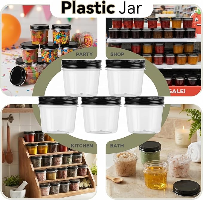 novelinks 4 oz Small Plastic Jars with Lids, 20 Pack Mini Plastic Mason Jars with Lids 4oz, Craft Storage Containers & Canning Jars & Small Spice Jars for Kitchen Organization (20 Pack,Black) - Image 7