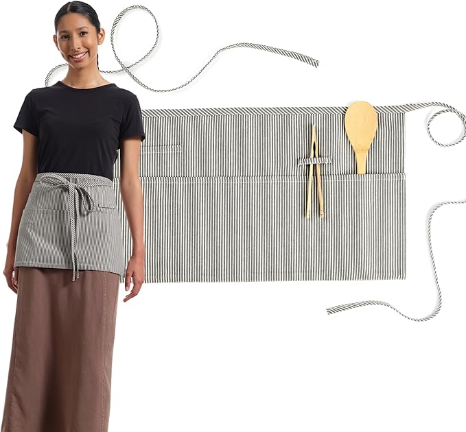 MEEMA Chef Waist Apron Cotton Fabric |Washable & Breathable Waitress & Server Half Aprons for Women with Pockets & Long Waist Straps | Cooking, Baking, Grilling & Crafting