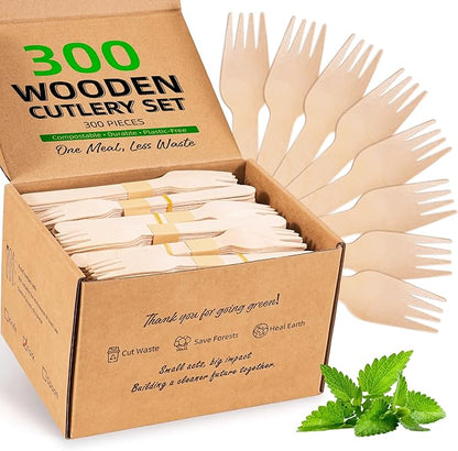 Disposable Wooden Utensils Set, Compostable Utensils, Disposable Cutlery Eco-Friendly Silverware Set for Parties, Catering, Office Lunches-300 PCS 6.2" Forks