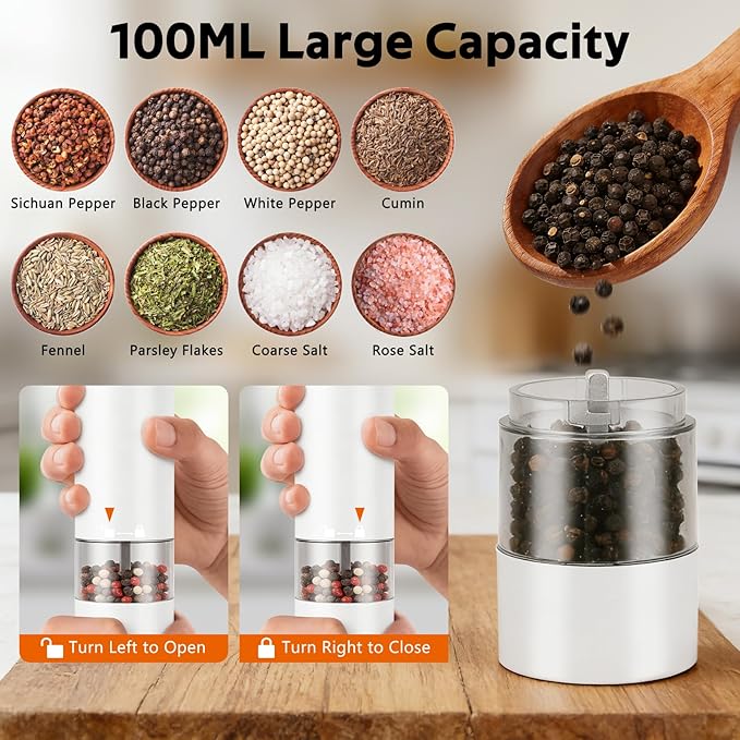 Rechargeable Electric Salt and Pepper Grinder Set, Automatic Pepper Mill with Adjustable Coarseness & One-Hand Operation, Large Capacity Battery-Powered Shakers for Cooking, Kitchen, Gifts (1, White)