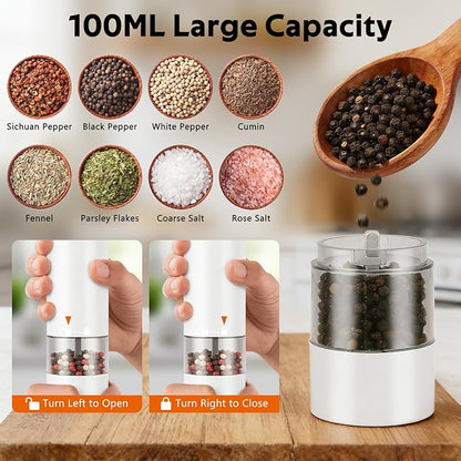 Rechargeable Electric Salt and Pepper Grinder Set, Automatic Pepper Mill with Adjustable Coarseness & One-Hand Operation, Large Capacity Battery-Powered Shakers for Cooking, Kitchen, Gifts (1, White)