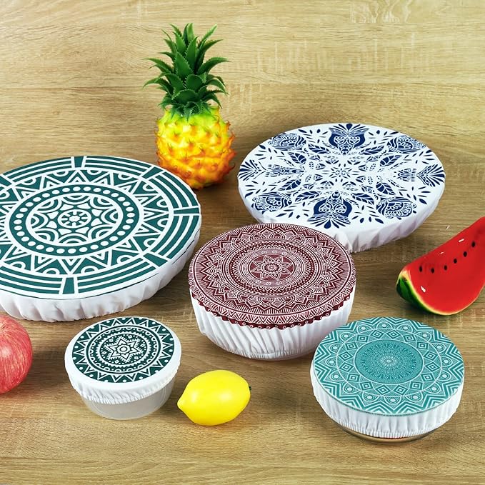 10Pcs Reusable Bowl Covers In 5 Size, Stretch Cloth Fabric Dish Cover Kitchen Storage Containers Lids for Fruits Food Leftover Dough Bread Proofing