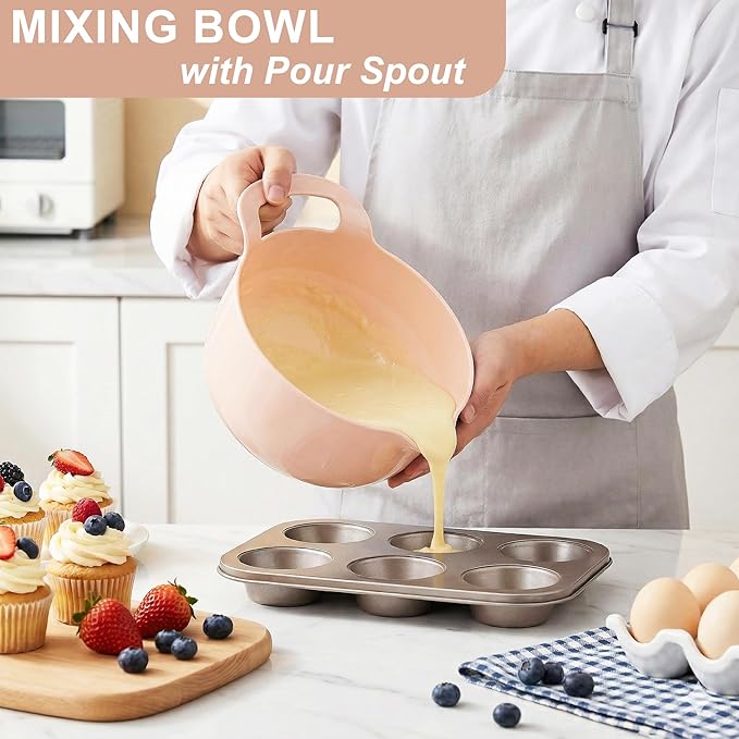 BoxedHome Nesting Plastic Mixing Bowl Set with Pour Spouts and Handles - Non Slip Bottom, BPA free Microwave & Dishwasher Safe(Khaki Pink, 4 Pack) - Image 2