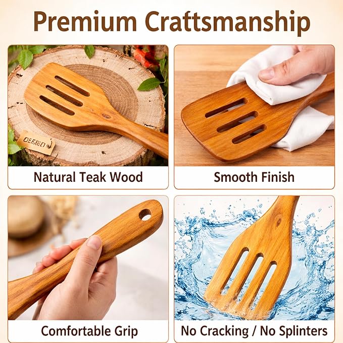 Wooden Kitchen Utensil Set, 4-Piece Teak Wood Cooking Utensils for Nonstick Cookware, Spatula, Slotted Turner and Scraper, Natural Wooden Tools for Everyday Cooking