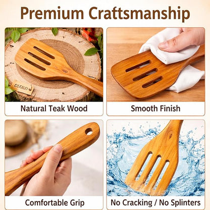 Wooden Kitchen Utensil Set, 4-Piece Teak Wood Cooking Utensils for Nonstick Cookware, Spatula, Slotted Turner and Scraper, Natural Wooden Tools for Everyday Cooking