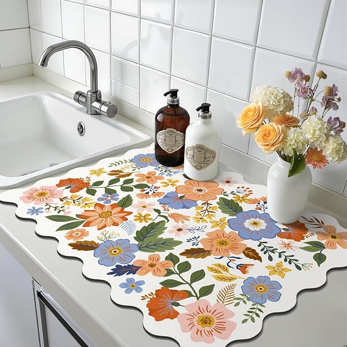 LOKHOM Scalloped Floral Dish Drying Mat, 18"x24" Super Absorbent Coffee Mat with Unique Spring Wildflowers, Cuttable Hide Stain Non-slip Drying Mat for Kitchen Counter Coffee Maker Espresso Machine - Image 9
