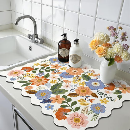 LOKHOM Scalloped Floral Dish Drying Mat, 18"x24" Super Absorbent Coffee Mat with Unique Spring Wildflowers, Cuttable Hide Stain Non-slip Drying Mat for Kitchen Counter Coffee Maker Espresso Machine - Image 9