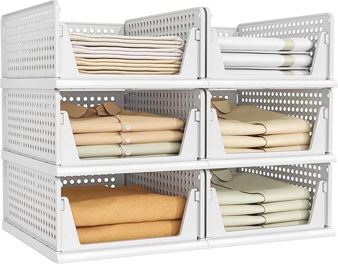 Pinkpum 6 Pack Closet Organizers Storage Bins, Stackable Plastic Drawer Basket for Clothing, Stackable Storage Bins Shelf Storage Container for Closet Wardrobe Bedroom Bathroom Office White by Pinkpum