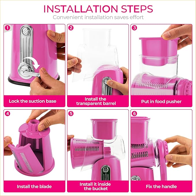 SUSTEAS Rotary Cheese Grater with Handle - Vegetable Shredder with 5 Well-designed Blades & Strong Suction Base,Round Mandoline Slicer & Food Chopper for Kitchen,with Blade Storage Box(Pink) - Image 6