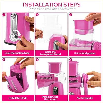 SUSTEAS Rotary Cheese Grater with Handle - Vegetable Shredder with 5 Well-designed Blades & Strong Suction Base,Round Mandoline Slicer & Food Chopper for Kitchen,with Blade Storage Box(Pink) - Image 6