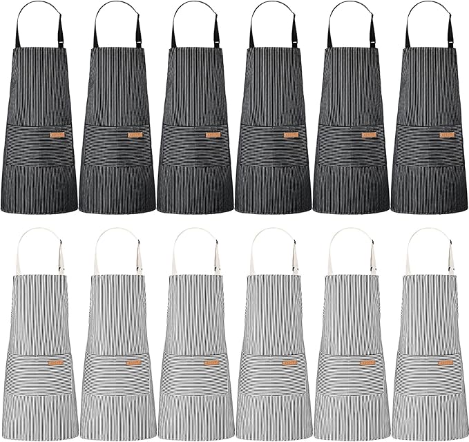 Handepo 12 Pcs Cotton Aprons for Women Men with Pockets Soft Adjustable Bib Stripe Aprons for Cooking Kitchen Chef by Handepo