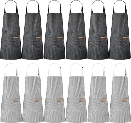 Handepo 12 Pcs Cotton Aprons for Women Men with Pockets Soft Adjustable Bib Stripe Aprons for Cooking Kitchen Chef by Handepo