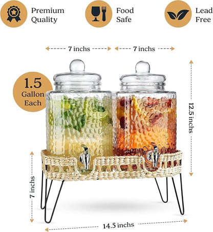 MosJos Beverage Dispensers - Set of 2 Glass Drink Dispensers with Metel Stand - 1.5-Gallon Capacity - Perfect for Lemonade, Juice, Water, Iced Tea, Punch (Wicker Design-Clear) - Image 5