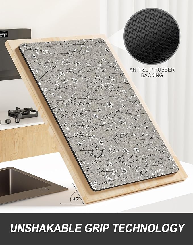 Rnivvi Dish Drying Mat for Kitchen Counter, XL 15 x 24" Cute Flower Theme Absorbent Draining Pad, Non-Slip Heat Resistant Coffee Bar Mats for Coffee Machine Station Accessories, Grey Dish Rack Pad - Image 5