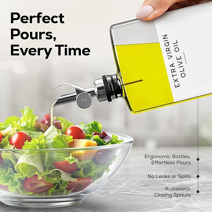 Glass Olive Oil Dispenser Bottle for Kitchen by Brighter Barns - Oil and Vinegar Dispenser Set, Coffee Syrup Bottles - Modern Decor for Restaurants, Coffee Station Accessories (Clear/Silver, Set of 2) - Image 2