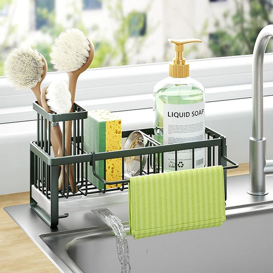 HapiRm Sponge Holder for Kitchen Sink - Self-draining Sink Caddy with Brush and Dishcloth Holders, Stainless Steel Kitchen Organizer for Countertop - Green by HapiRm