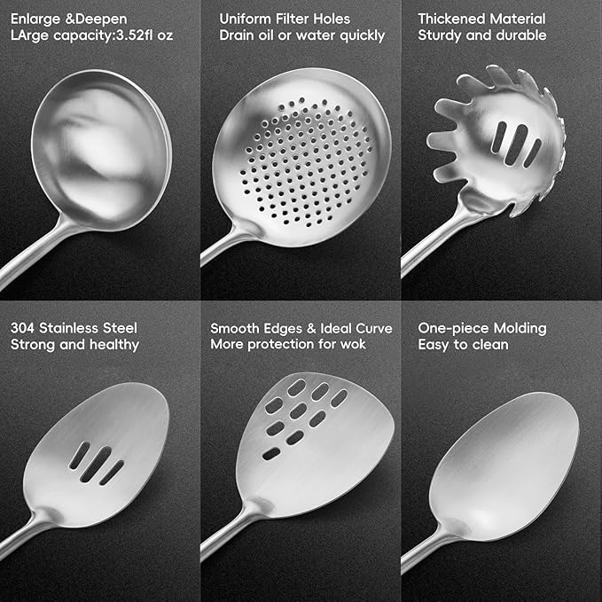 Izurok 18/10 Stainless Steel Kitchen Utensils Set,6 Piece Cooking Utensils With Wood Handle,Heat Resistant Kitchen Tool Set With Spatula, Spoon, Ladle, Skimmer, Slotted Spoon, Pasta - Image 3
