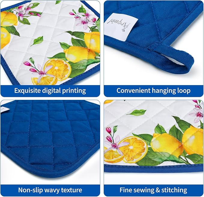 Summer Lemon Oven Mitts and Pot Holders Sets 4Pcs, 100% Cotton Heat Resistant, Extra Long Oven Gloves Potholder for Kitchen Cooking Baking Decoration, Housewarming Gifts for Mom - Image 3