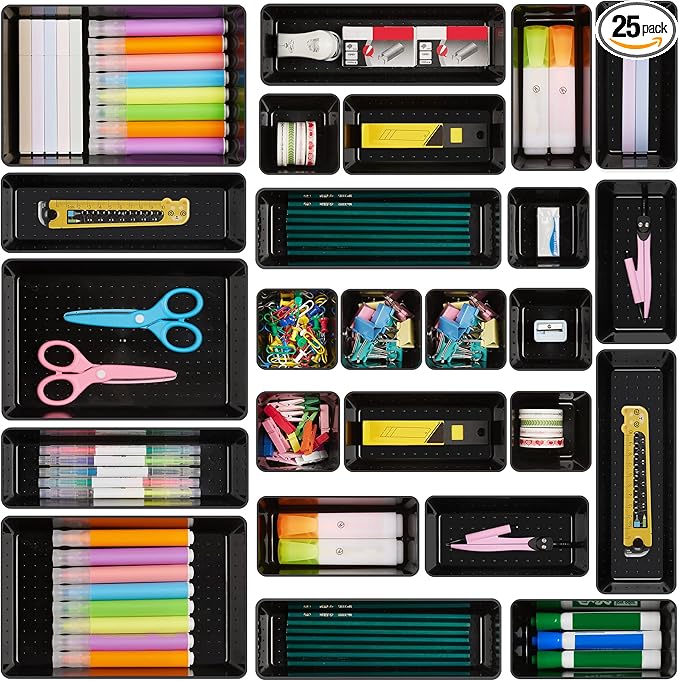 Vtopmart 25 PCS Office Desk Drawer Organizers Set, 4-Size Versatile Plastic Drawer Organizer Trays, Storage Bins for Desk Accessories Office Organizers and Storage, Bathroom, Makeup, Vanity, Black by Vtopmart