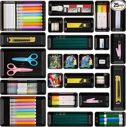 Vtopmart 25 PCS Office Desk Drawer Organizers Set, 4-Size Versatile Plastic Drawer Organizer Trays, Storage Bins for Desk Accessories Office Organizers and Storage, Bathroom, Makeup, Vanity, Black by Vtopmart