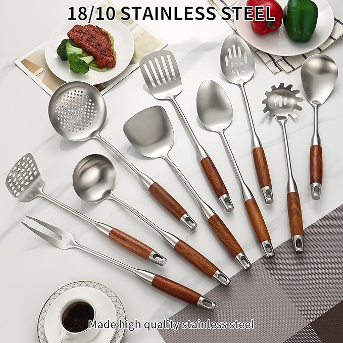 Izurok 18/10 Stainless Steel Kitchen Utensils Set,10 Piece Cooking Utensils With Wood Handle,Heat Resistant Kitchen Tool Set With Spatula,Spoon,Ladle,Skimmer,Slotted Turners,Pasta,Turner,Ladl,Fork - Image 3