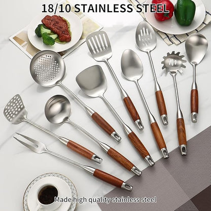 Izurok 18/10 Stainless Steel Kitchen Utensils Set,10 Piece Cooking Utensils With Wood Handle,Heat Resistant Kitchen Tool Set With Spatula,Spoon,Ladle,Skimmer,Slotted Turners,Pasta,Turner,Ladl,Fork - Image 3
