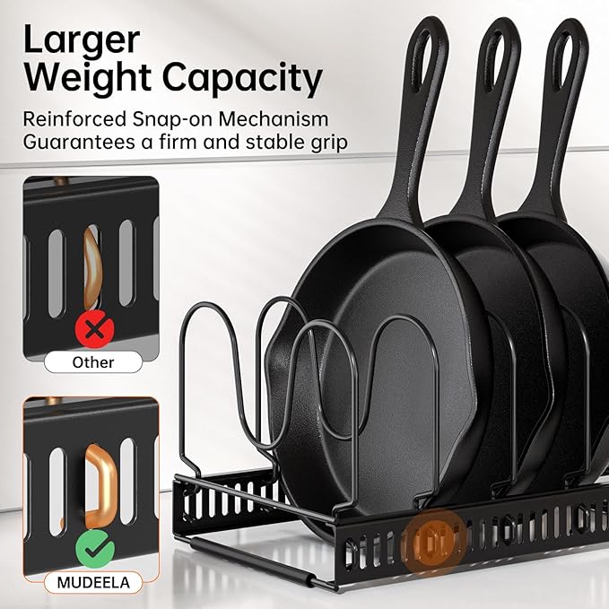 MUDEELA Pots and Pans Organizer Rack for under Cabinet, Expandable Pot Lid Kitchen Cabinet Organizer Holder with 14 Adjustable Compartment Cutting Board Organizer for Pan Lid, Bakeware - Image 3