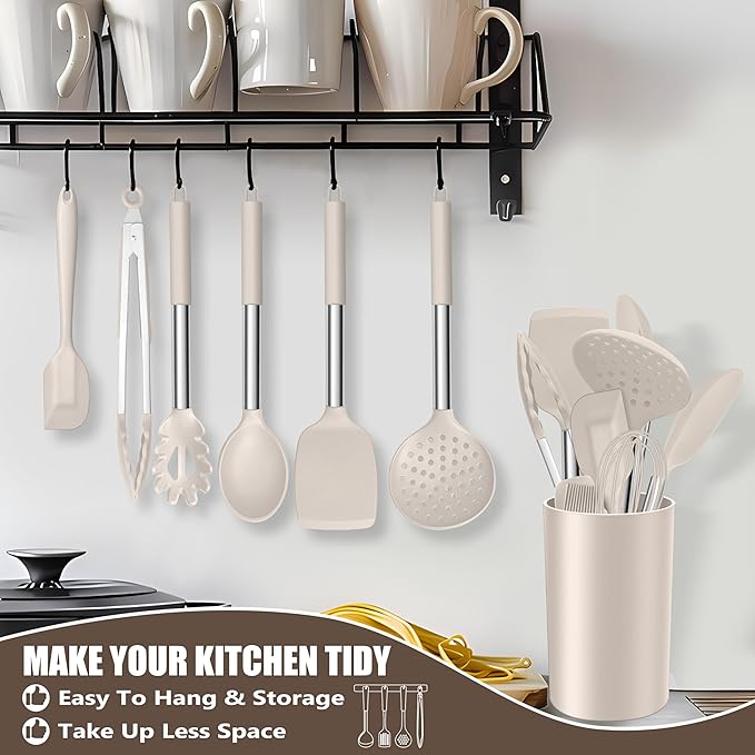 E-far 14 Pieces Silicone Cooking Utensils Set, Kitchen Utensils Set with Holder, Spatula, Ladle, Spoon, Tong, Slotted Turner for Nonstick Cookware, Heat Resistant & Stainless Steel Handle, Khaki - Image 8