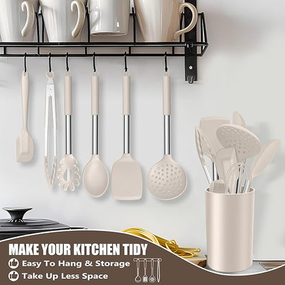 E-far 14 Pieces Silicone Cooking Utensils Set, Kitchen Utensils Set with Holder, Spatula, Ladle, Spoon, Tong, Slotted Turner for Nonstick Cookware, Heat Resistant & Stainless Steel Handle, Khaki - Image 8
