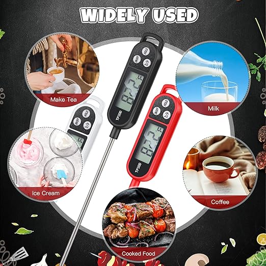 Copkim 6 Pcs Instant Read Meat Thermometer with Long Probe 9.65 Inch Kitchen Cooking Food Candy Waterproof Digital Thermometer for BBQ Water Milk Yogurt Liquid (Round&Square Ring,Black,White,Red) - Image 7