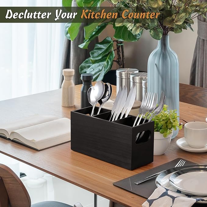 DRASTAR Silverware Holder, Wooden Utensil Caddy, Silverware Organizer Countertop, Cutlery Holder for Party, Fork Spoon Knife Organizer，Black - Image 5