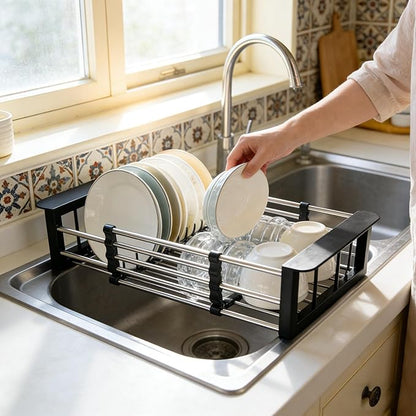 Stainless Steel Expandable Over Sink Dish Drying Rack | 11.4–18.5 inch Adjustable Drain Rack | Heavy-Duty 44LBS Capacity | Durable ABS Kitchen Organizer