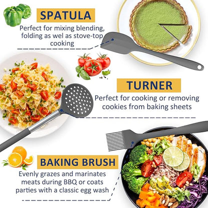 Silicone Cooking Utensil Set, Fungun Non-stick Kitchen Utensil 24 Pcs Cooking Utensils Set, Heat Resistant Cookware, Silicone Kitchen Tools Gift with Stainless Steel Handle (Gray-24pcs)