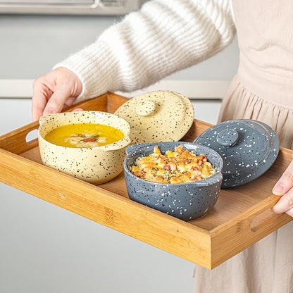 Individual Serving Pot Set of 4-10 Oz Ceramic Mini Cocotte with Handles & Lids - Great for Souffle, Soup, Cobbler, Stoneware Baking Ramekins, Oven Compatible,Gray