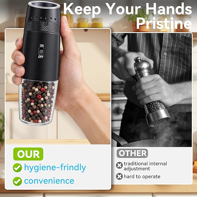 Gravity Electric Salt and Pepper Grinder Set Rechargeable Automatic Shakers Mill Grinder with LED Light, Adjustable Coarseness One Hand Operation, USB-C BatteryPowred, Gift for Home Chefs, 2 Pack