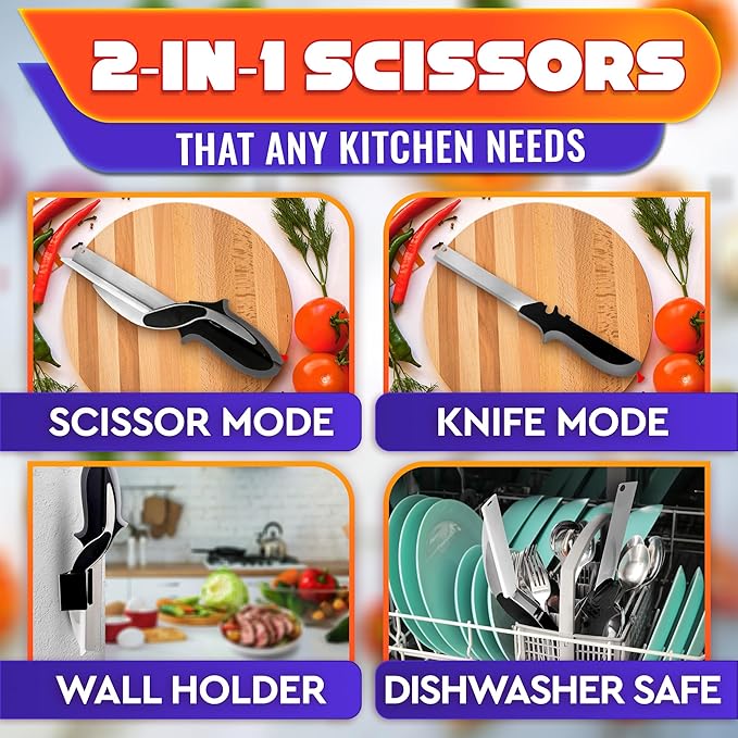 2 in 1 Kitchen Scissors for Food – Stainless Steel Blade & Plastic Cutting Board Scissors with Safety Lock | 9.5" Tomato Knife, Fruit & Vegetable Cutter – Easy-to-Use Kitchen Shears for Meat, Cheese - Image 4