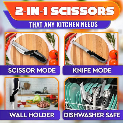 2 in 1 Kitchen Scissors for Food – Stainless Steel Blade & Plastic Cutting Board Scissors with Safety Lock | 9.5" Tomato Knife, Fruit & Vegetable Cutter – Easy-to-Use Kitchen Shears for Meat, Cheese - Image 4