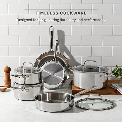 T-fal Pro Tri-Ply Stainless Steel Cookware Set, 10 Piece-Induction Compatible, Oven Safe 500F, Lids-350F, Even Heat, Professional Quality, Durable, Induction Pots and Pans Set, Silver - Image 4