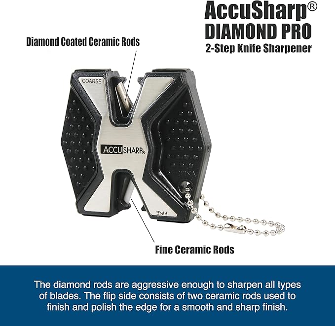 AccuSharp Diamond Pro 2-Step Knife Sharpener, Restores, Hones & Sharpens Blade’s Edge, 2-Step Coarse & Fine Rods for Kitchen Knives & All Types of Blades, Compact & Portable Knife Keychain Tool, Black - Image 4